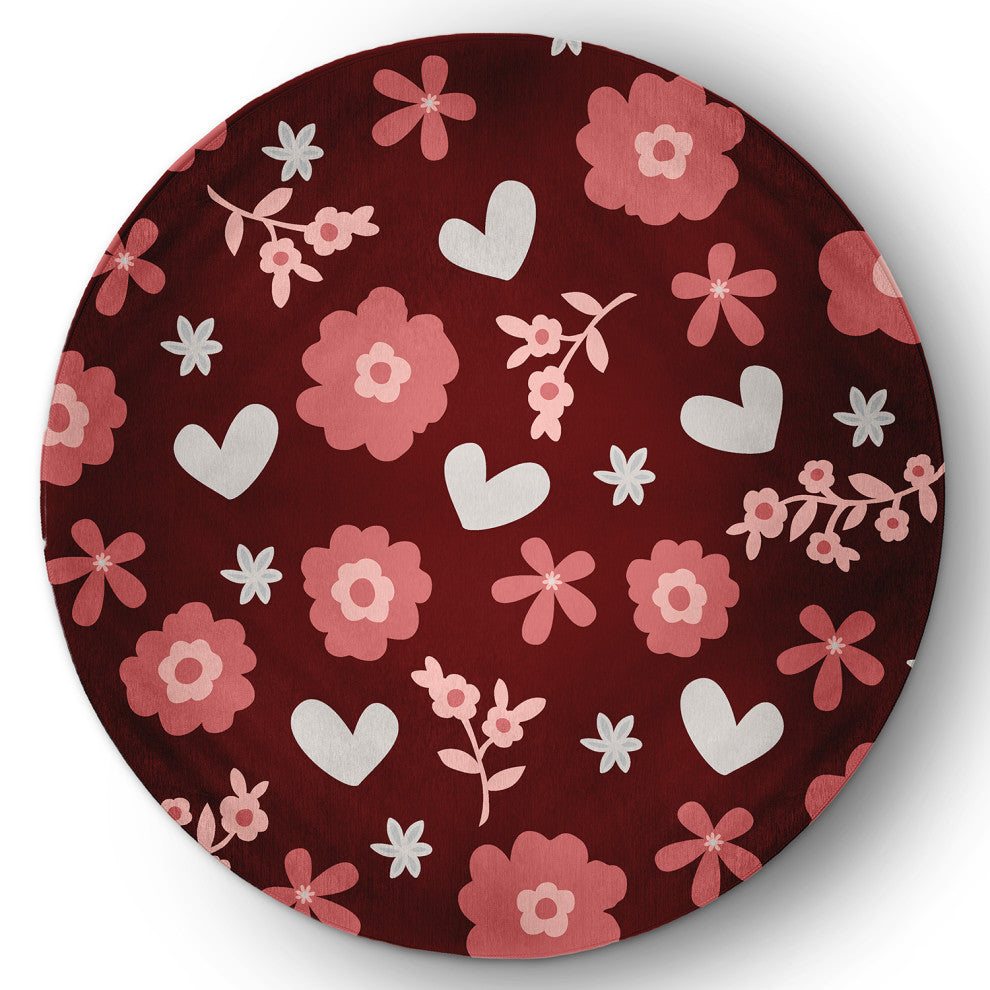 Flowery Love Valentines Chenille Rug, Red, 5' Round