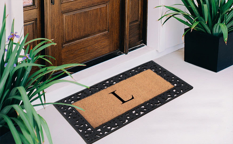 A1HC Rubber & Coir Floral Outdoor Durable Monogram Doormat 18"x30", Black, L