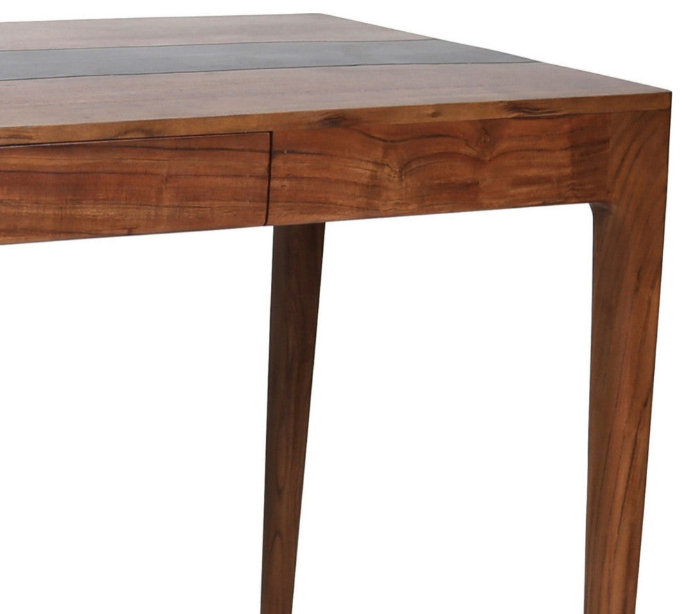 52 Inch Writing Desk, Natural Textured Acacia Wood, Burnished Brown
