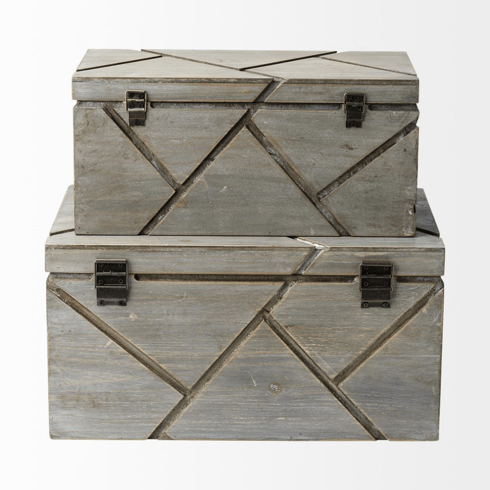 Set of Two Gray Wooden Boxes With Carved Details