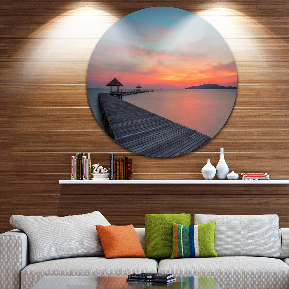 Gloomy Seashore With Long Wood Pier, Sea Pier Round Metal Wall Art, 23"