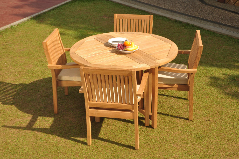 5-Piece Outdoor Teak Dining Set: 48" Butterfly Table, 4 Leveb Stacking Arm Chair