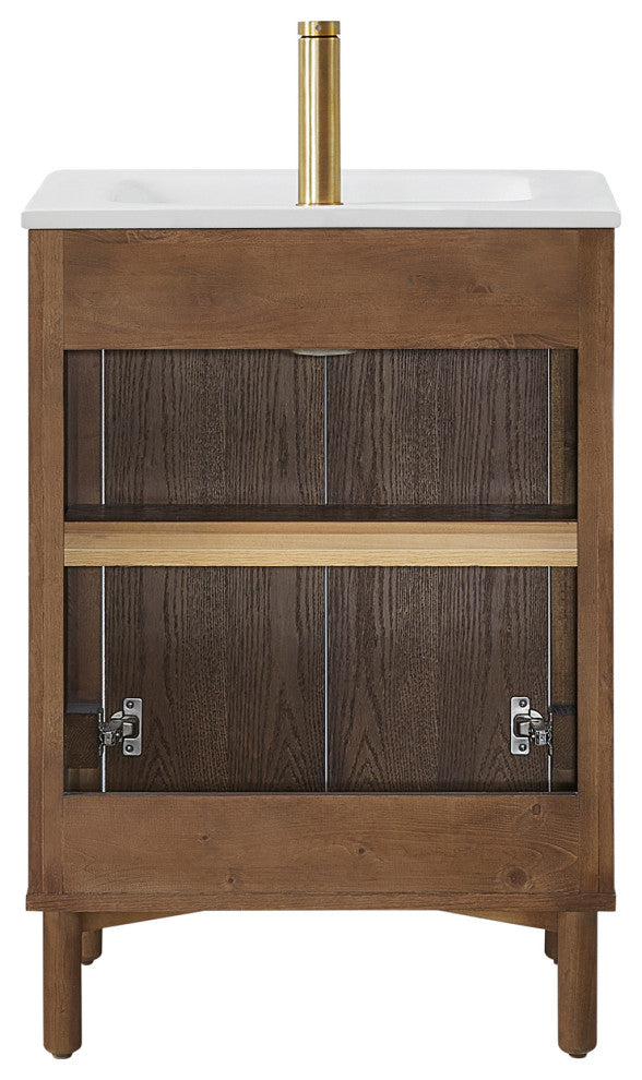 Mumbai Bath Vanity with Ceramic Basin Top without Mirror, Dark Brown Oak, 24", Single Vanity