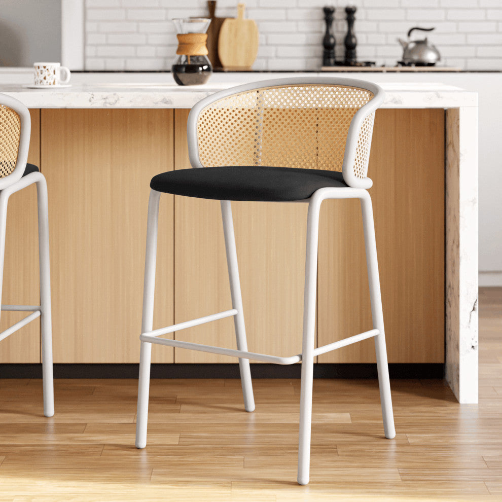 LeisureMod Ervilla Wicker Bar Stool With White Powder Coated Steel Frame, Black