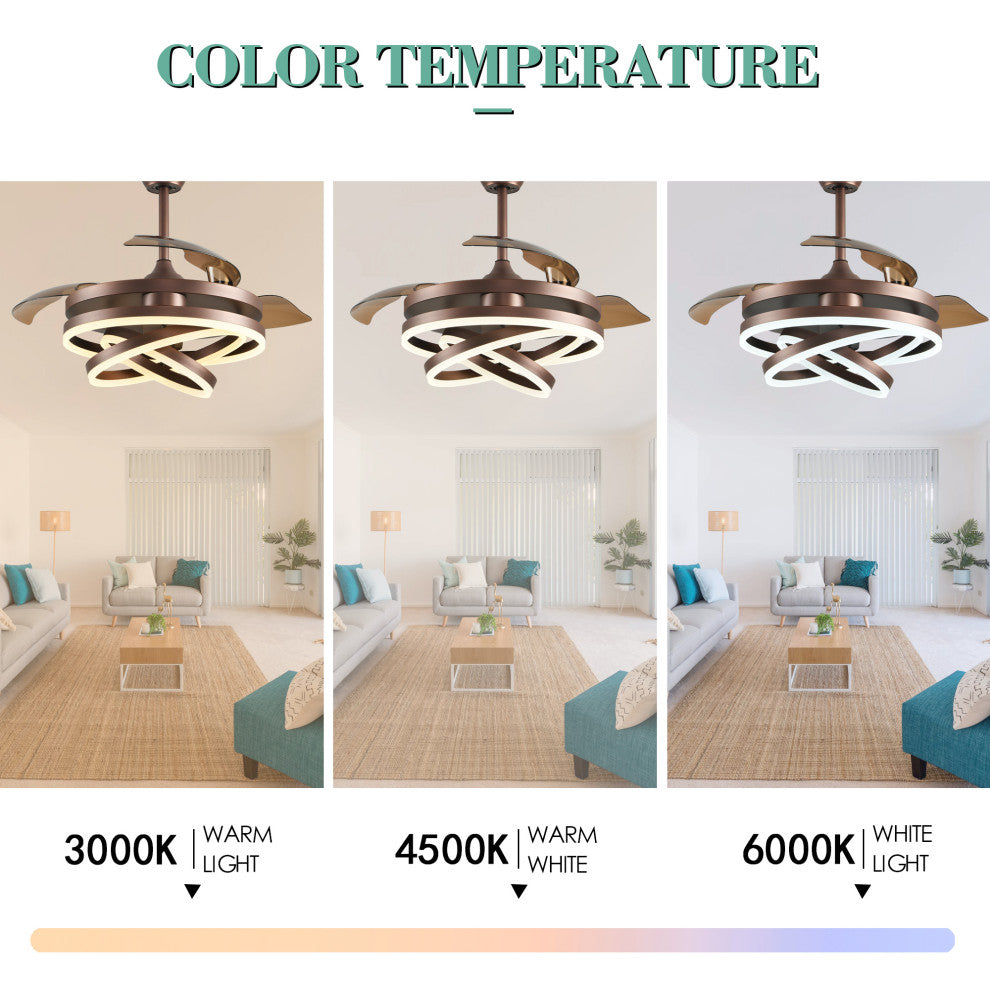 Oaks Aura 42" DIY Shape Retractable Ceiling Fan with Lights and Remote Control, Brown