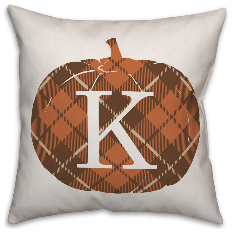 Plaid Pumpkin Monogram K 18x18 Spun Poly Pillow