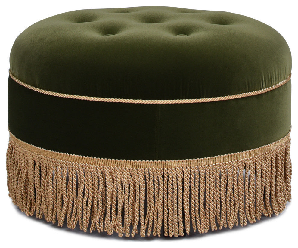 Yolanda 24" Upholstered Round Accent Ottoman, Olive Green Performance Velvet