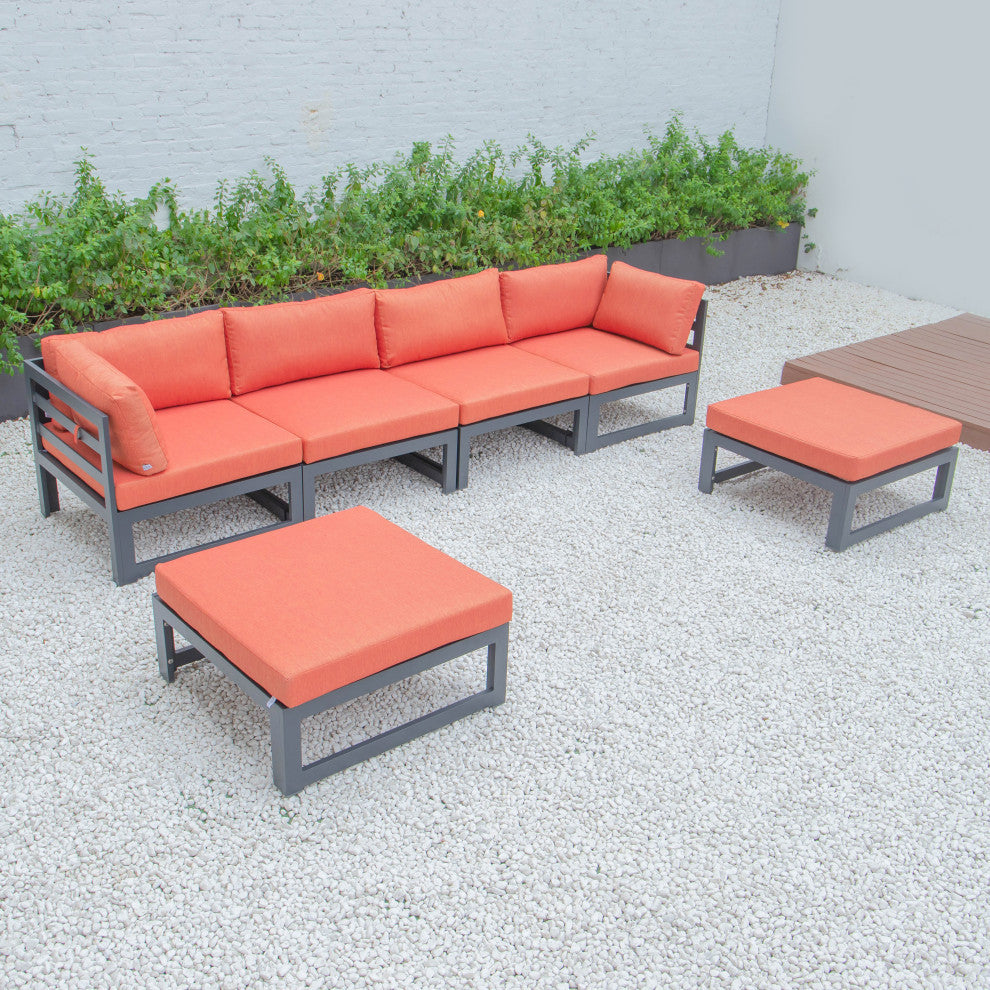 LeisureMod Chelsea 6-Piece Patio Ottoman Sectional Black Aluminum, Orange
