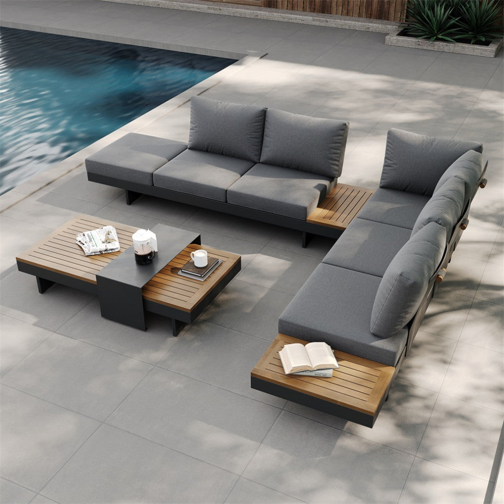 4 Pieces L Shape Outdoor Sectional Sofa Set with Wood Coffee Table in Gray
