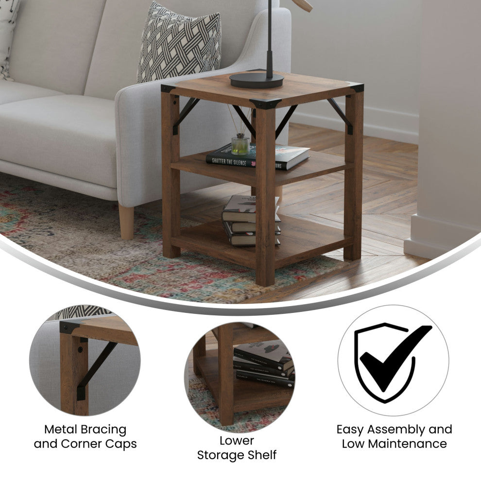 Wyatt Modern Farmhouse Wooden 3 Tier End Table, Rustic Oak