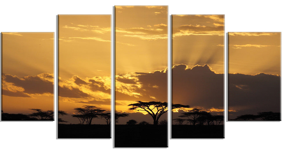 Sunset in Africa with Acacia Tree, Landscape Canvas Art, 60"x32", 5 Panels