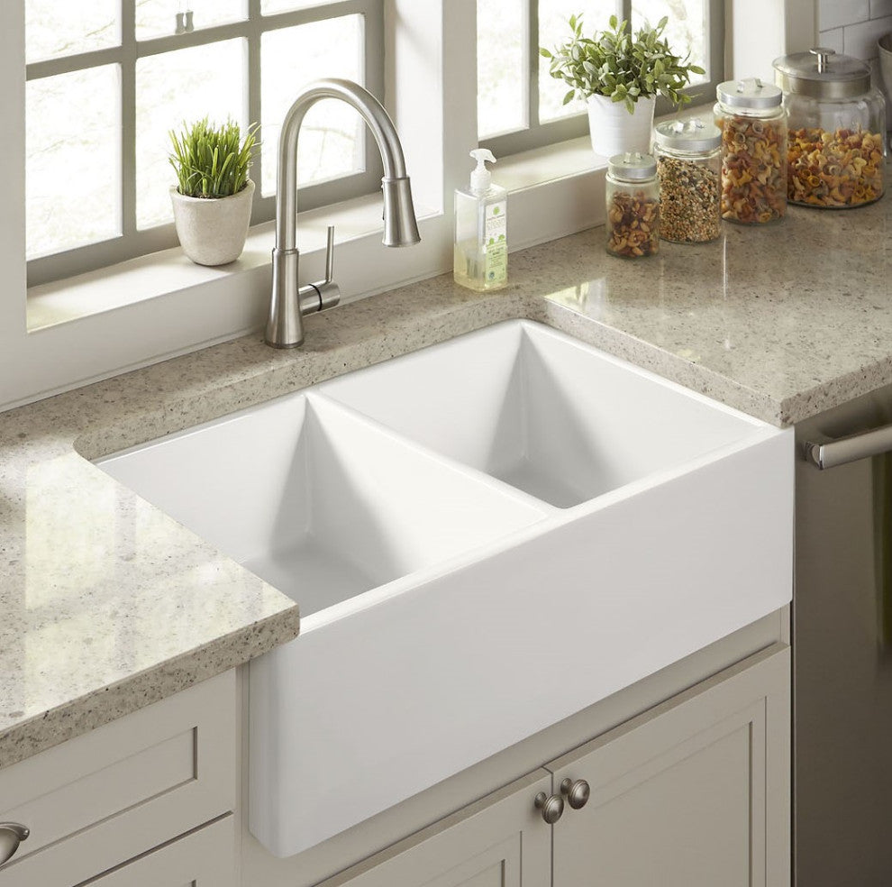 Austen Crisp White Fireclay 33" Double Bowl Farmhouse Undermount Kitchen Sink