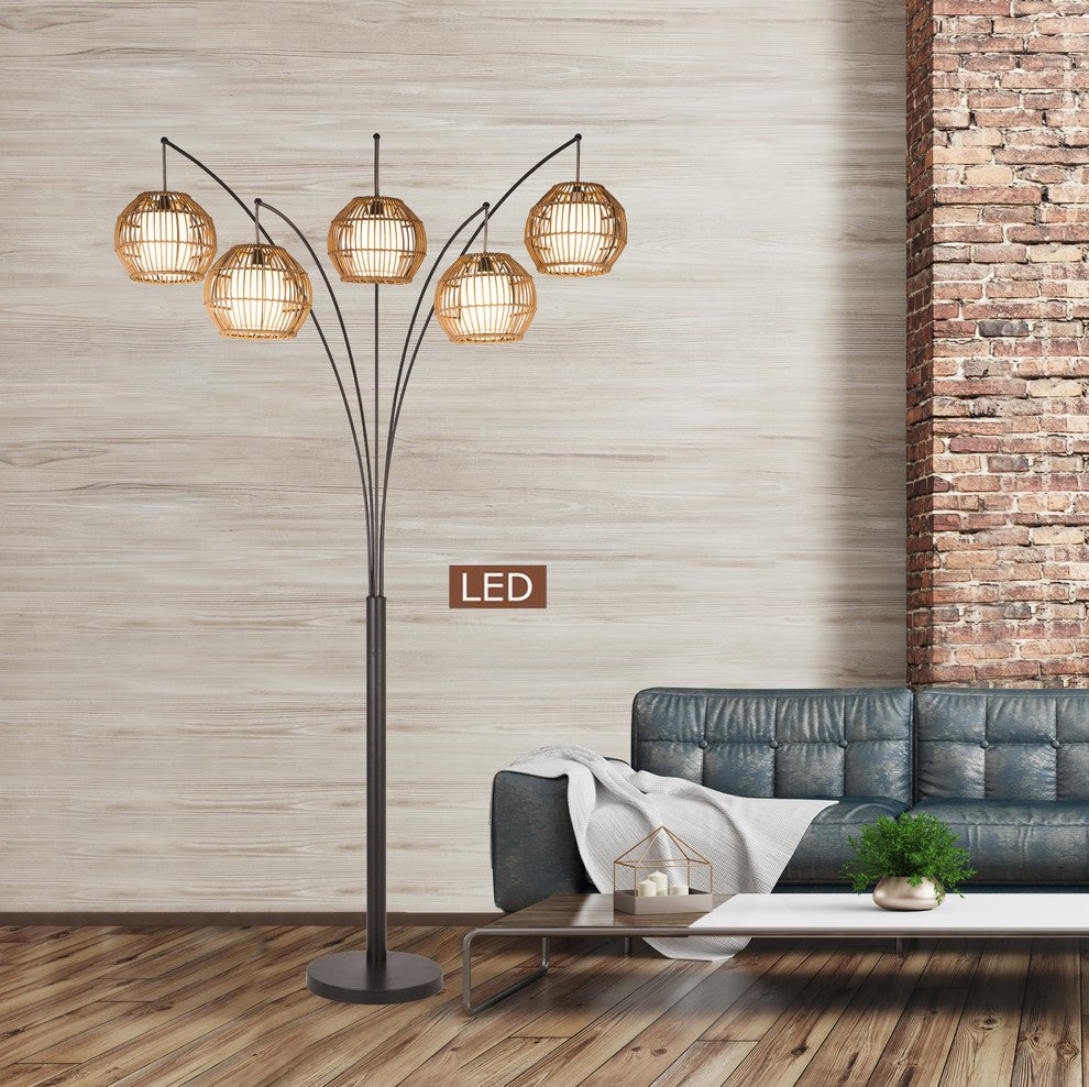 Bali 88" LED Arched Floor Lamp Handcrafted Rattan Shade, Oil Rubbed Bronze