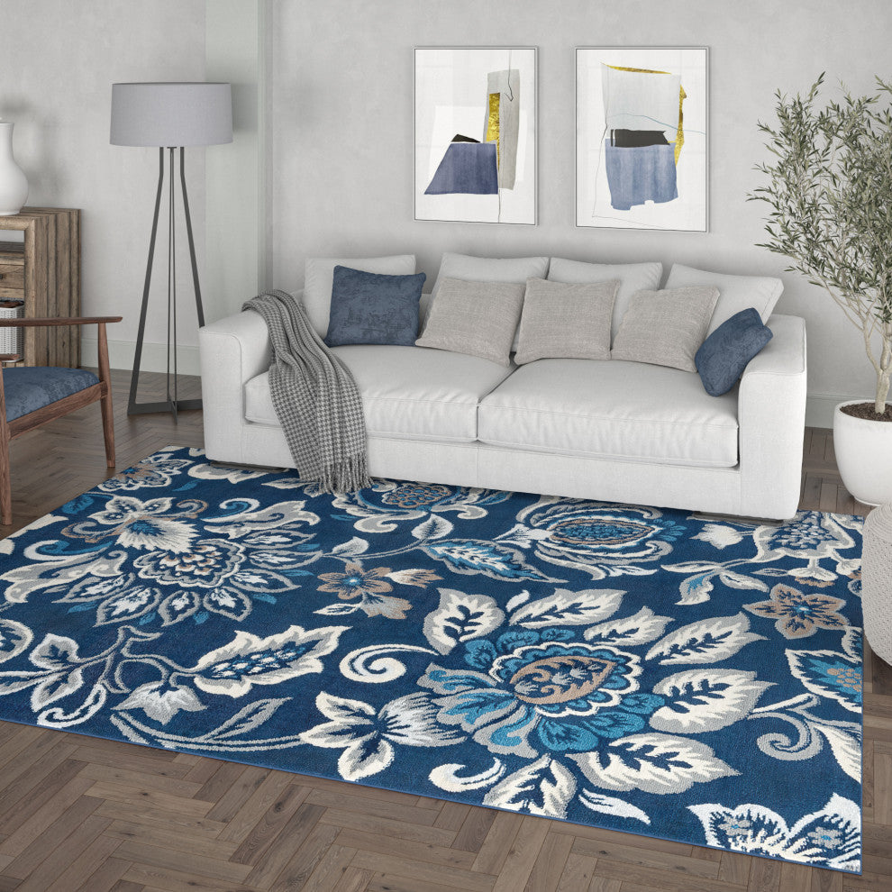 Stella Traditional Floral Dark Blue Rectangle Area Rug, 5'x7'