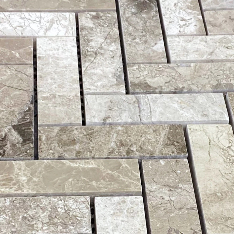 Silver Shadow Marble 1"x3" Herringbone on 12"x12" Mosaic Tile (10 sqft per box)