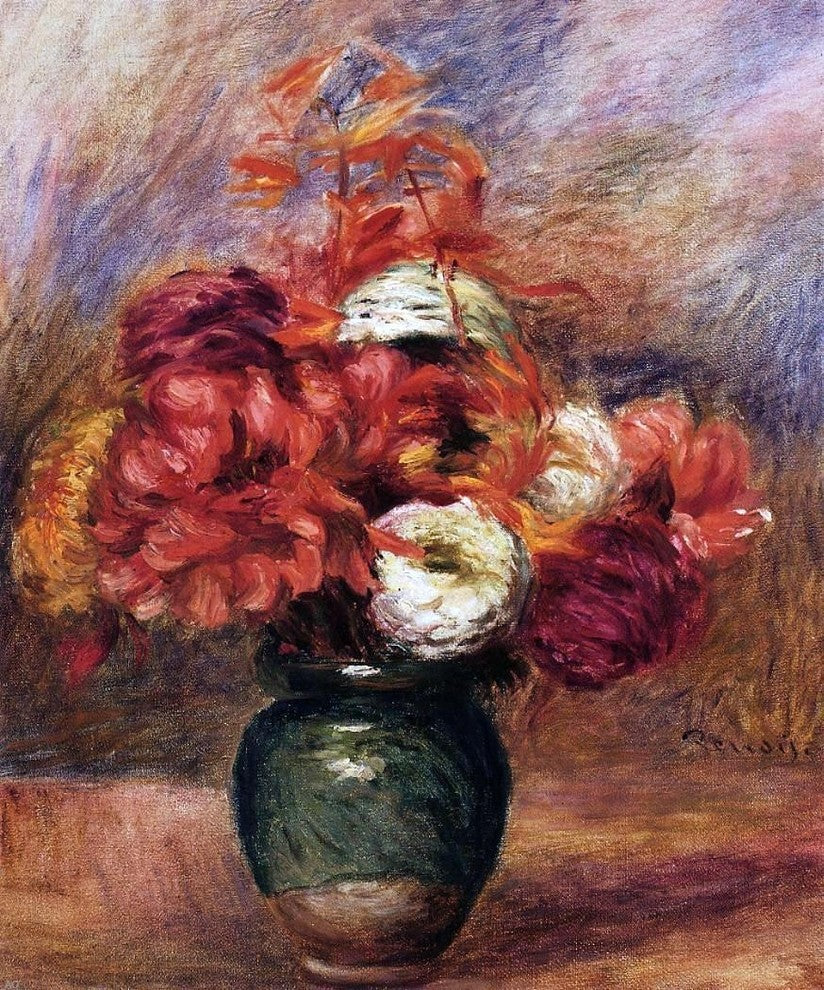 Pierre Auguste Renoir Flowers in a Green Vase