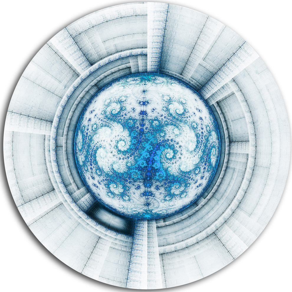 Glowing Soft Blue Fractal Flower, Abstract Round Wall Art, 11"