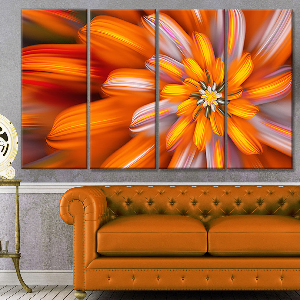 Massive Orange Fractal Flower, Floral Canvas Art Print, 48"x28", 4 Panels
