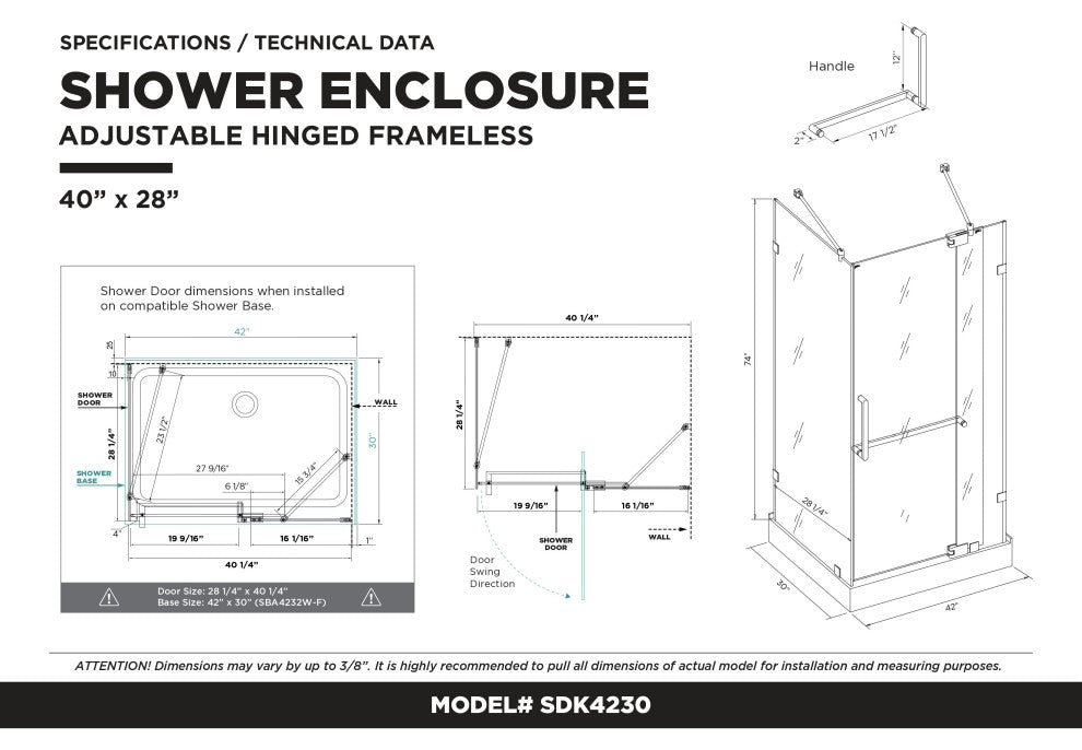 Double Threshold Acrylic Shower Base, Shower Enclosure Left Hand