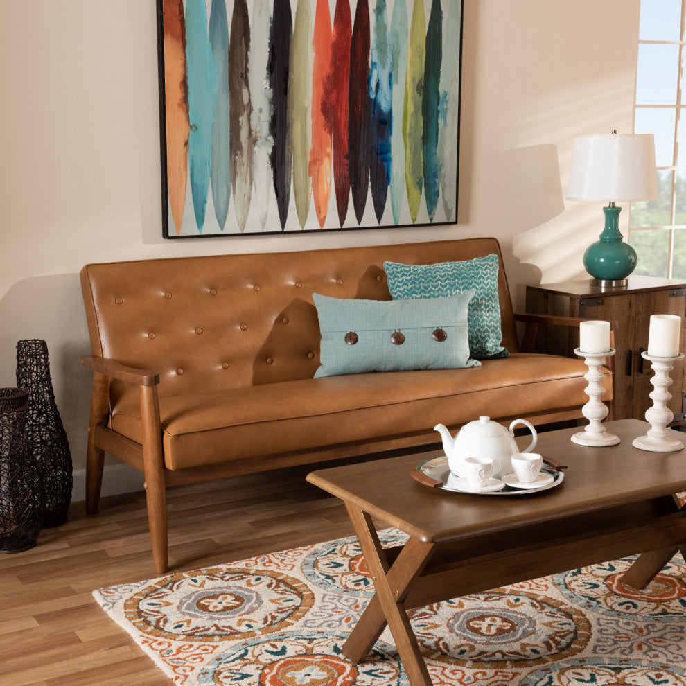 Sorrento Mid-Century Tan Faux Leather and Walnut Wood Sofa