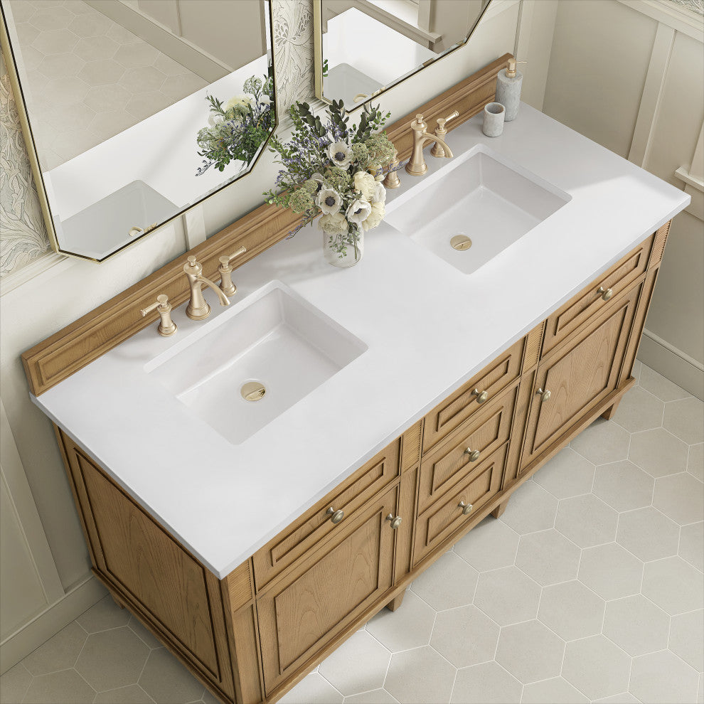 Lorelai 60" Double Vanity, Light Natural Oak, 3 CM White Zeus Top