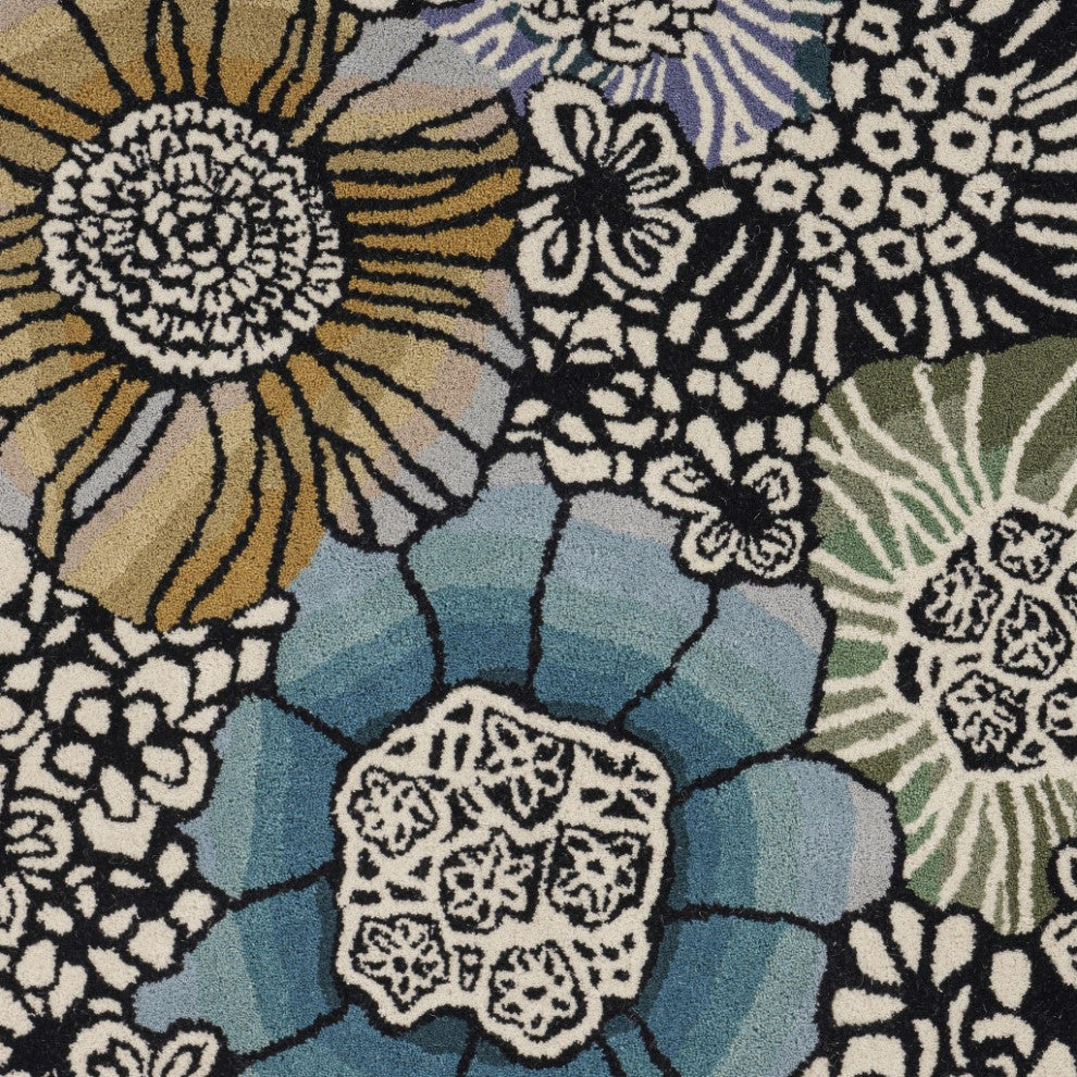 6" Round Blue and Black Floral Area Rug
