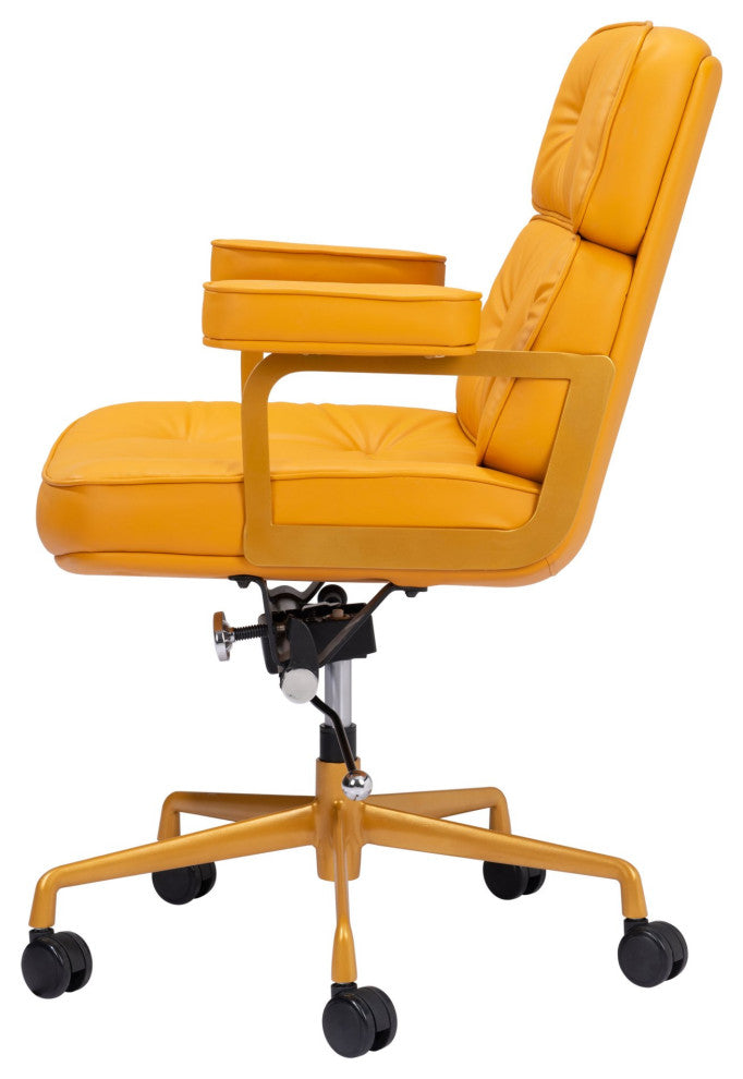 Computer Chair, Faux Vinyl Leather, Steel, Yellow, Mid Century Business Office