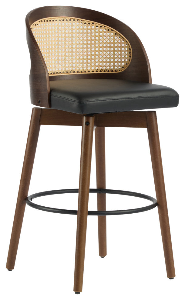 Crystal Rattan Backrest Cushioned Barstools, Set of 2, Dark Walnut/Black