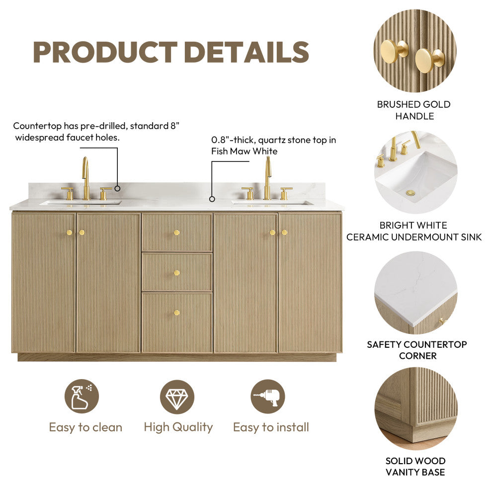 Oza Bath Vanity with Quartz Stone Top, Aged Natural Oak, 72", Double Vanity, No Mirror