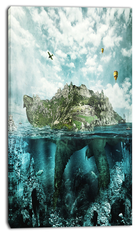Island Like Large Fantasy Turtle, Animal Art Canvas Print, 16"x32"