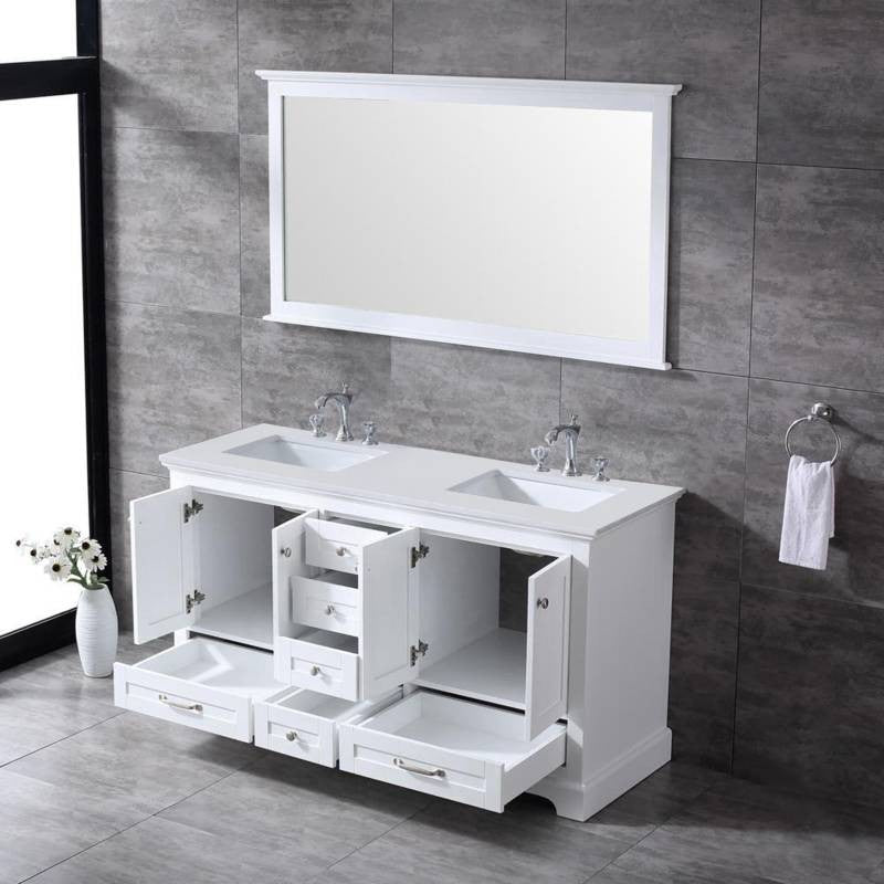 Dukes 60" White Double Square Sink Vanity with Quartz Top, With Faucet and Mirro