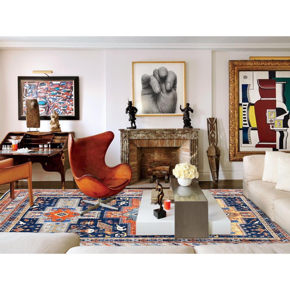 Navy Blue, Wool Hand Knotted, Armenian Inspired Design 200 KPSI Rug, 8'4"x9'7"