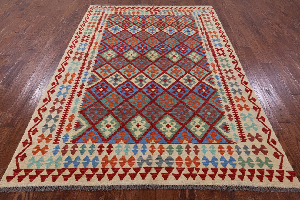 6' 7" X 9' 5" Flat Weave Kilim Wool On Wool Rug - Q12550