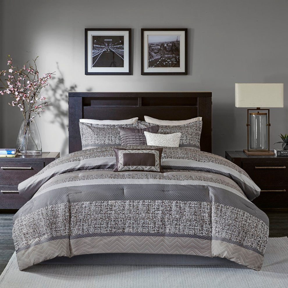 Madison Park Rhapsody Jacquard Stripe Mosaic 7-Piece Comforter Set, Grey