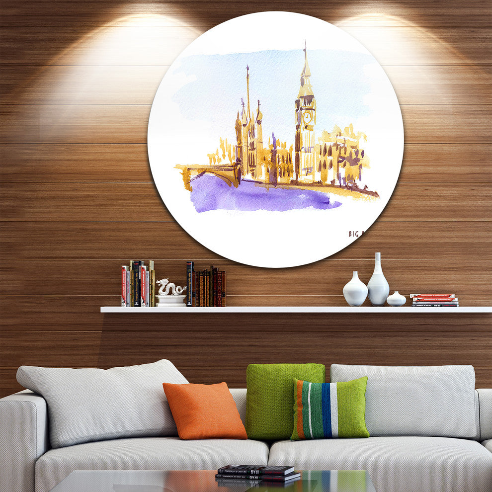 London Brown Illustration, Cityscape Painting Round Metal Wall Art, 36"