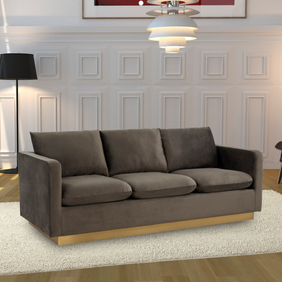 Leisuremod Nervo Modern Mid-Century Upholstered Velvet Sofa With Gold Frame