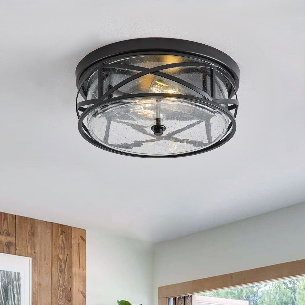 Farmhouse 2-Light Flush Mount Close to Ceiling Light with Seeded Glass Shade