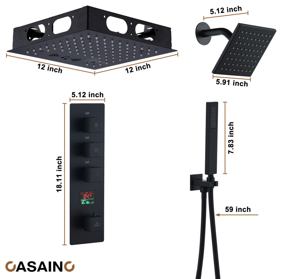 12inch Luxury Shower Dual Shower Head System With LED Light and Bluetooth, Matte Black