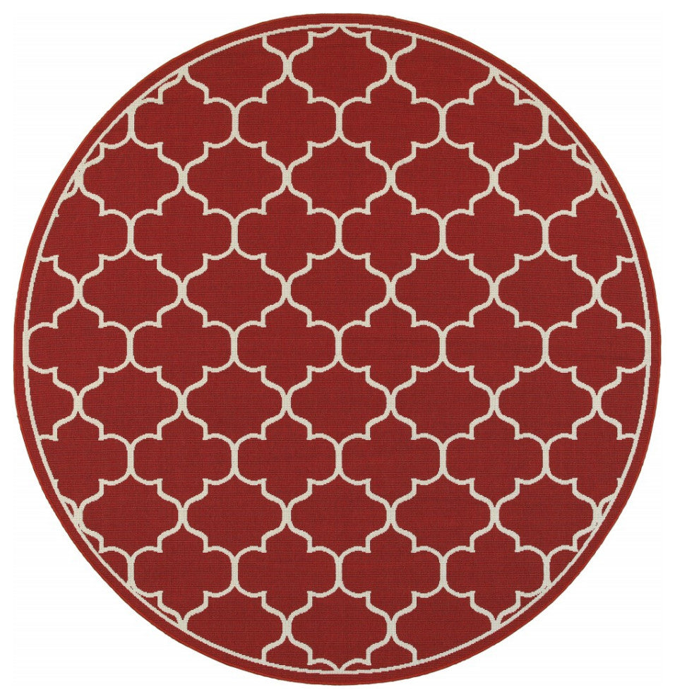 8" Round Red and Ivory Trellis Indoor Outdoor Area Rug
