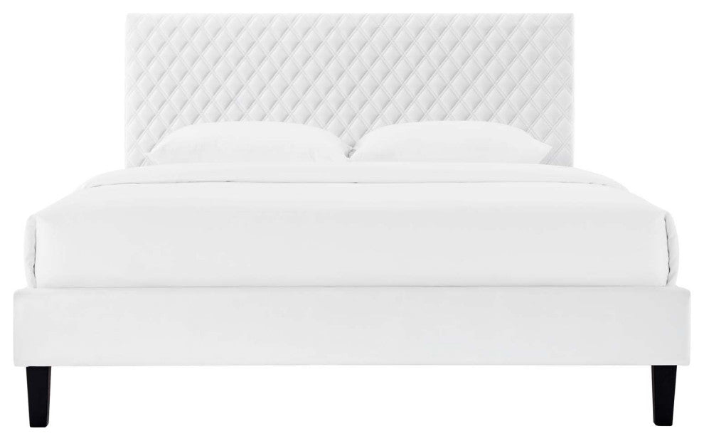 Platform Bed Frame, King Size, White, Velvet, Modern, Bedroom Guest Suite