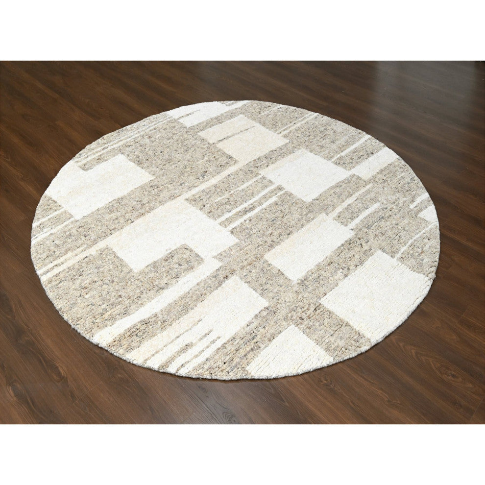 Soft Colors Wool Hand Knotted Minimalist Design Round Oriental Rug, 7'10"x8'3"