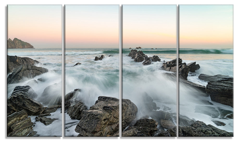 "Bay Or Biscay Rushing Waters" Modern Seashore Canvas Art, 4 Panels, 48"x28"