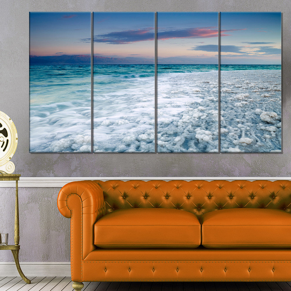 Beautiful Sunrise at Dead Sea, Seashore Canvas Art Print, 48"x28", 4 Panels