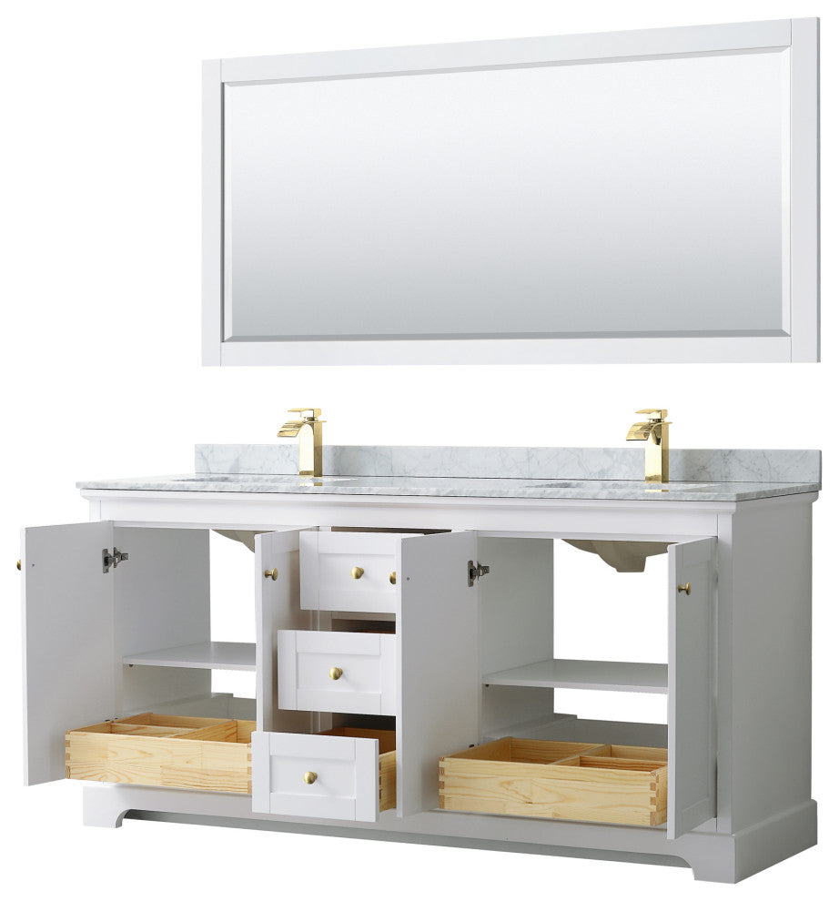72"DBL Bath Vanity White, Carrara Countertop, Sinks, 70" Mirror, Gold Trim