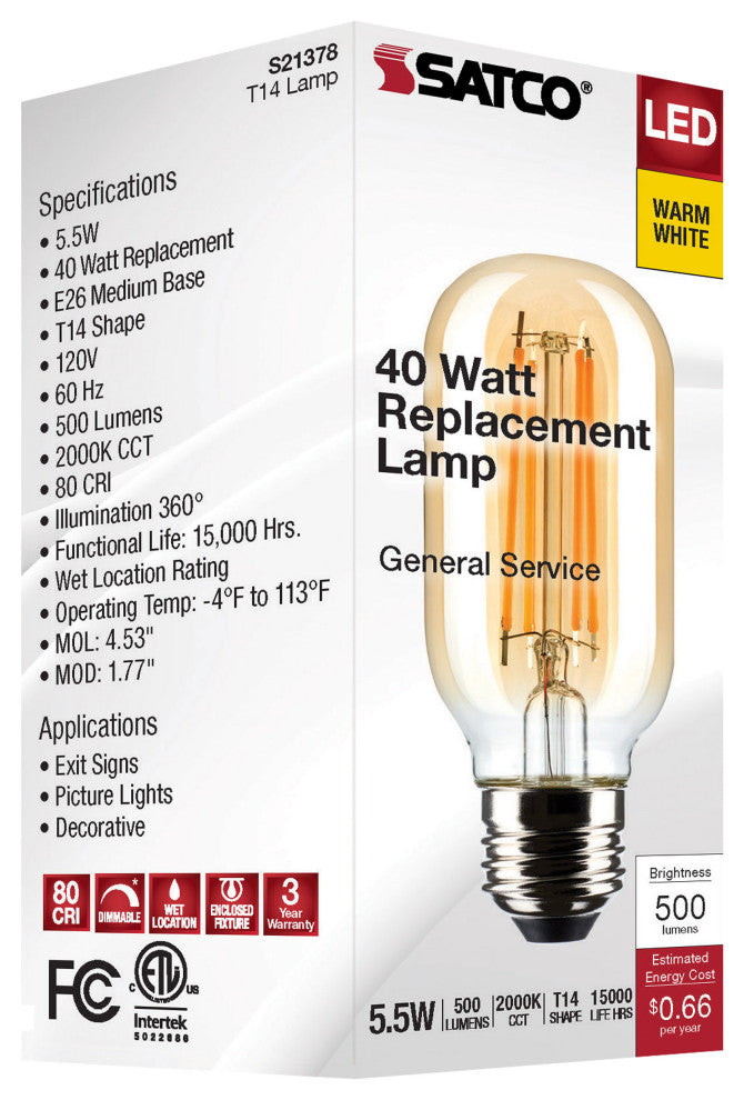 5.5W T14 LED, Clear, Medium Base, 2000K, 500 Lumens, 120V