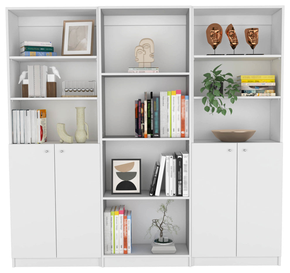 Emery 3 Piece Living Room Set with 3 Bookcases, White
