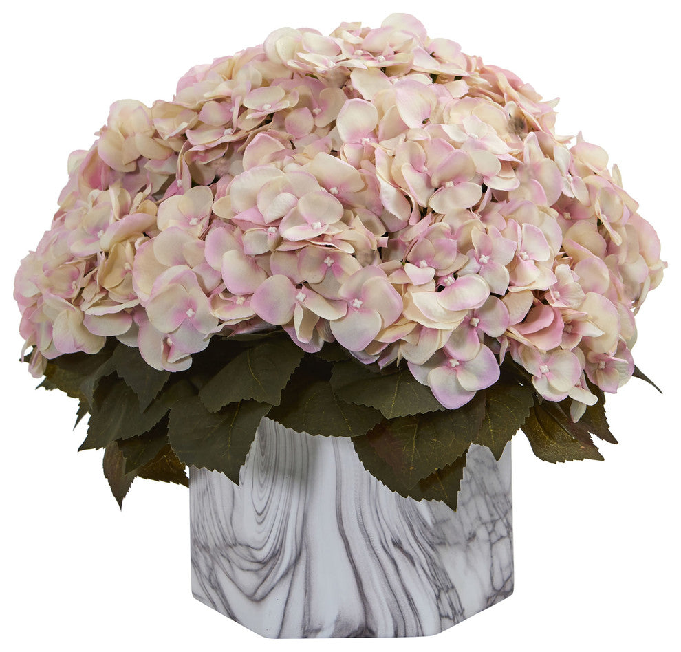 Nearly Natural Fall Hydrangea Artificial Plant Marble Finished Vase Cream Pink