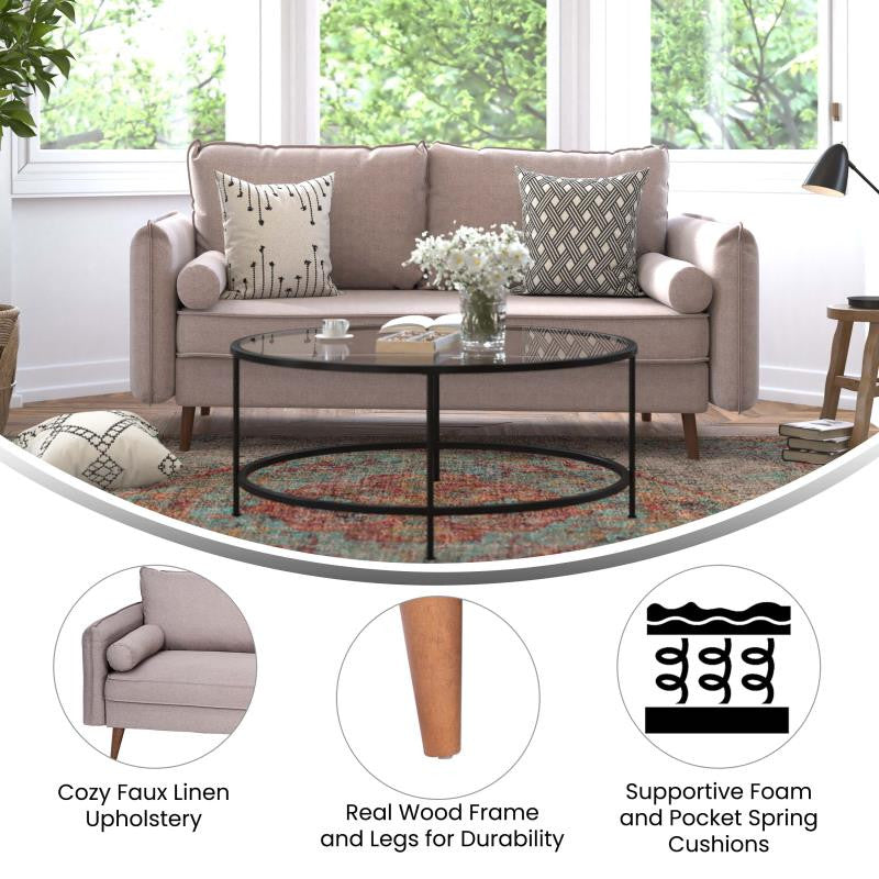 Evie Mid-Century Modern Sofa With Fabric Upholstery and Solid Wood Legs, Taupe