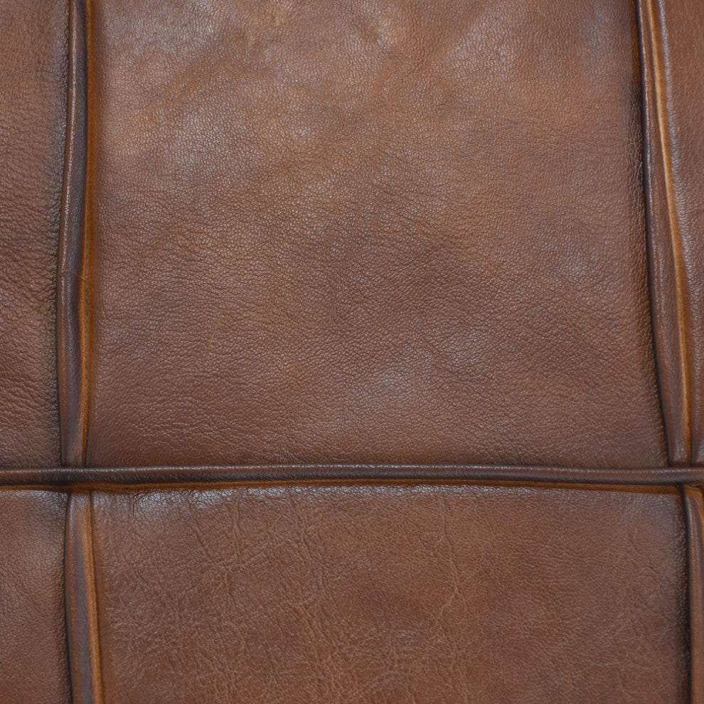 Pouf-Solid Handmade Leather Pouf (Recycled Foam with Fiber Fill), Brown, Square, 21x21x12