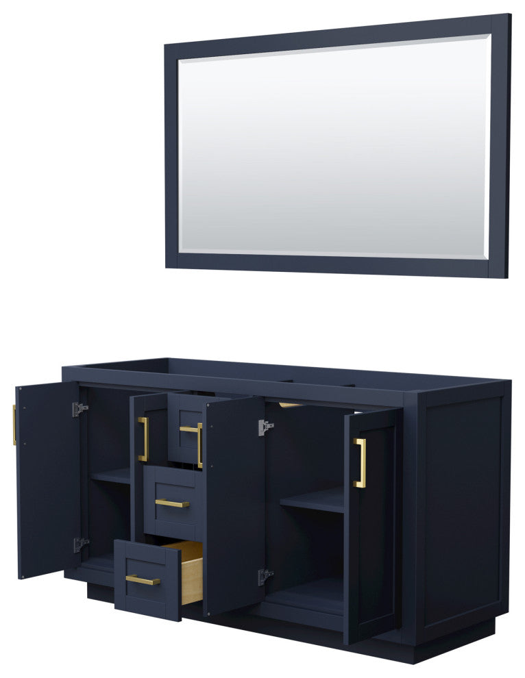 60" Double Bathroom Vanity, Dark Blue, No Countertop, Gold Trim, 58" Mirror